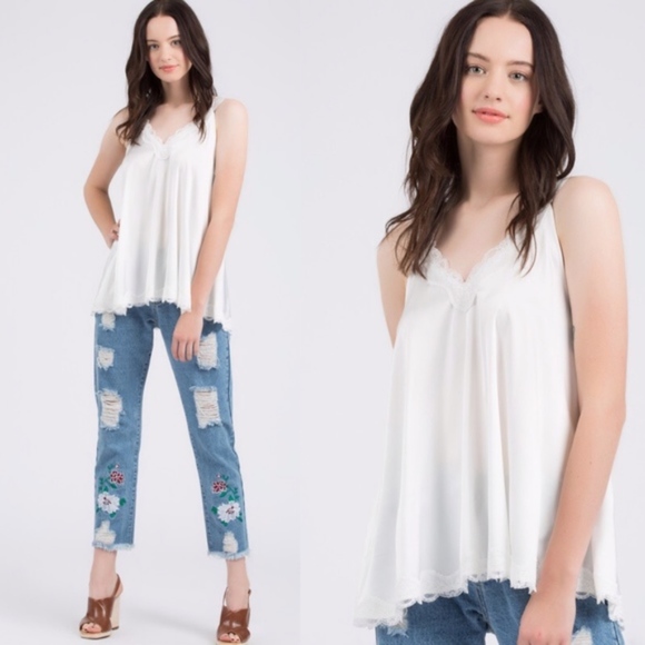 027 Boho Lace V neck Satin Cami Tank Top - Picture 4 of 5